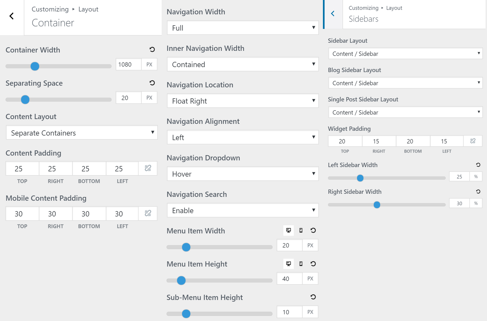 customizer layout options